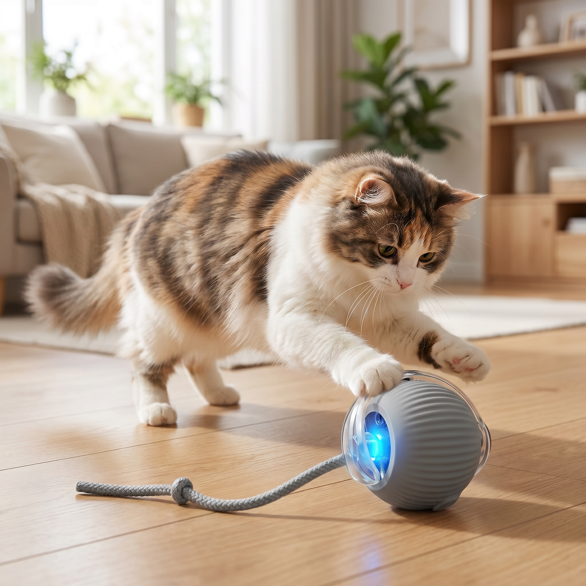Cat chasing the Auto-Roll ball on wooden floor