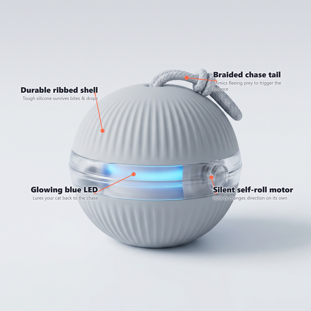 Auto-Roll cat ball features: motor, LED, tail, durable shell