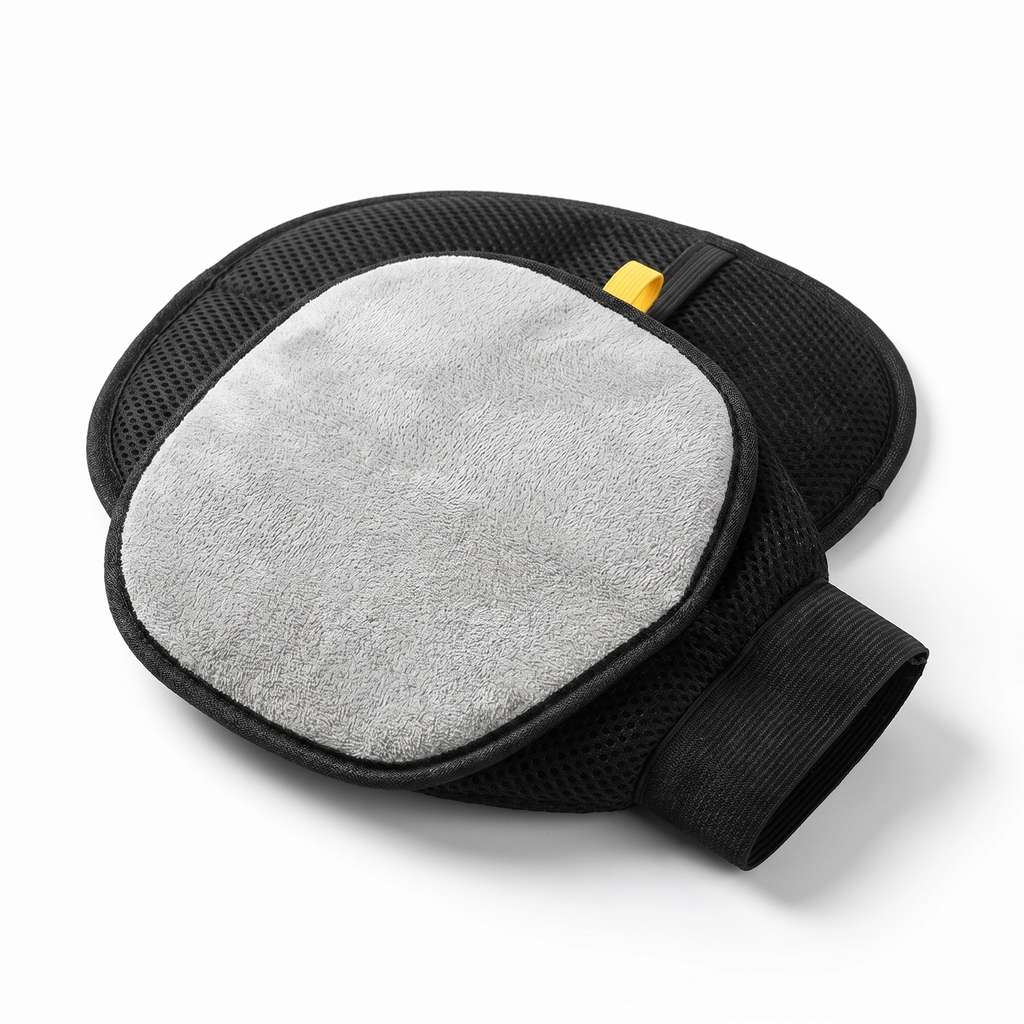 Grey microfibre de-shedding side of the mitt