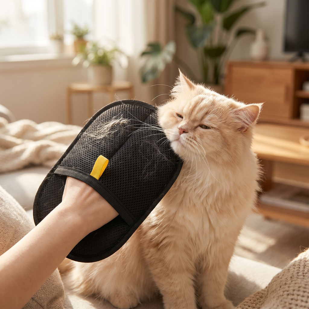 Grooming a happy cat with the mitt