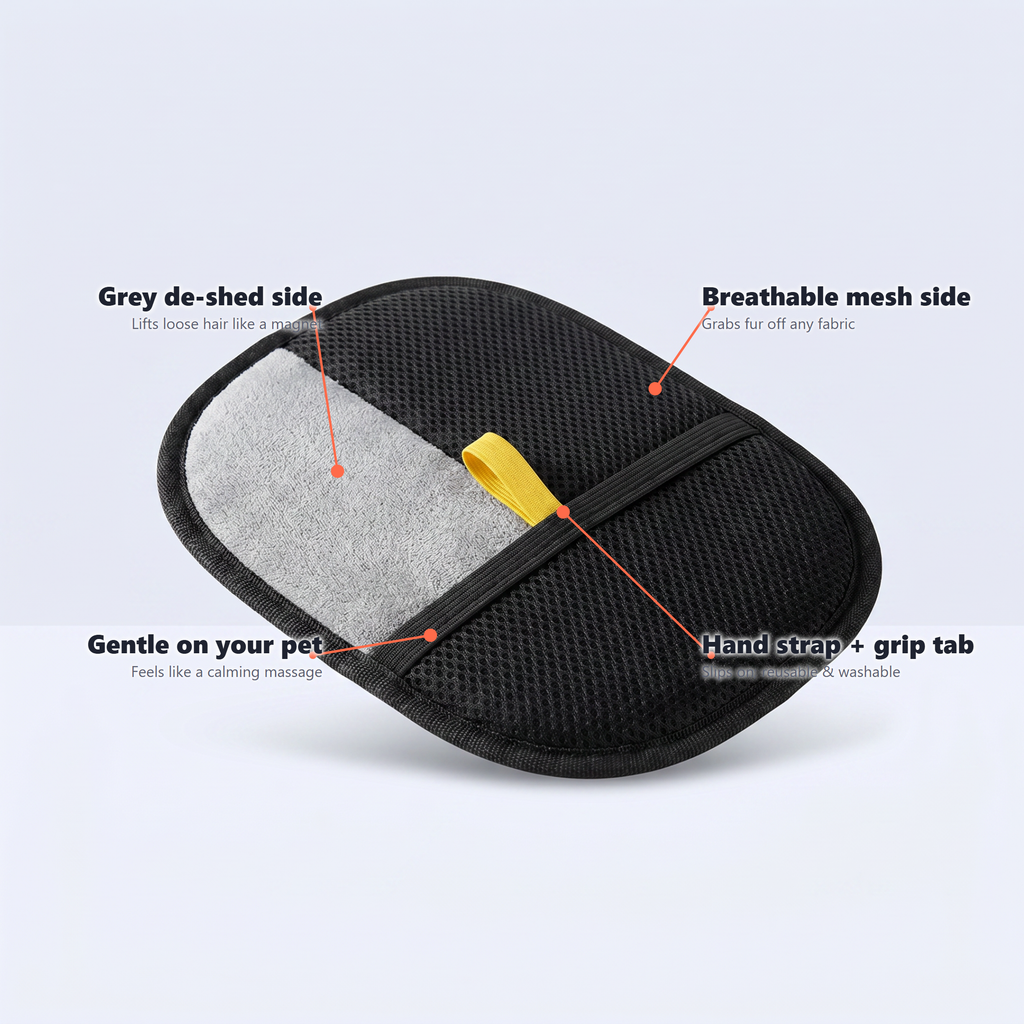 Pet hair mitt features: dual sides, strap, reusable