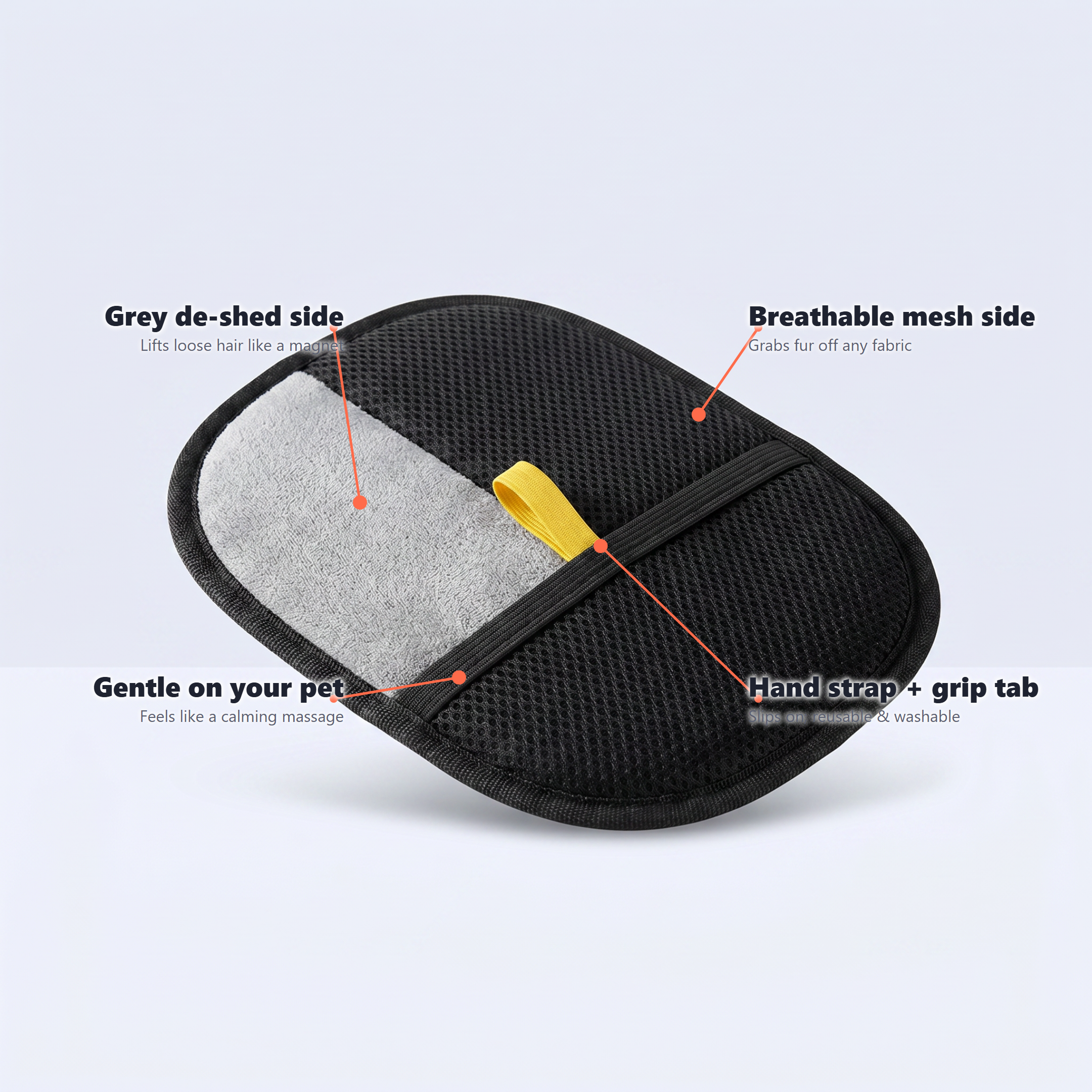 Pet hair mitt features: dual sides, strap, reusable
