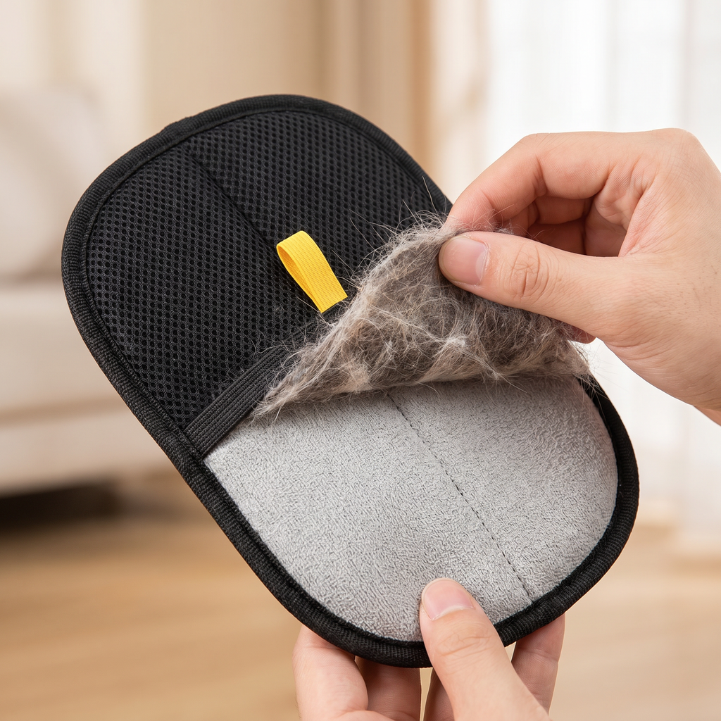 Lifted pet hair peeling off the mitt in one sheet
